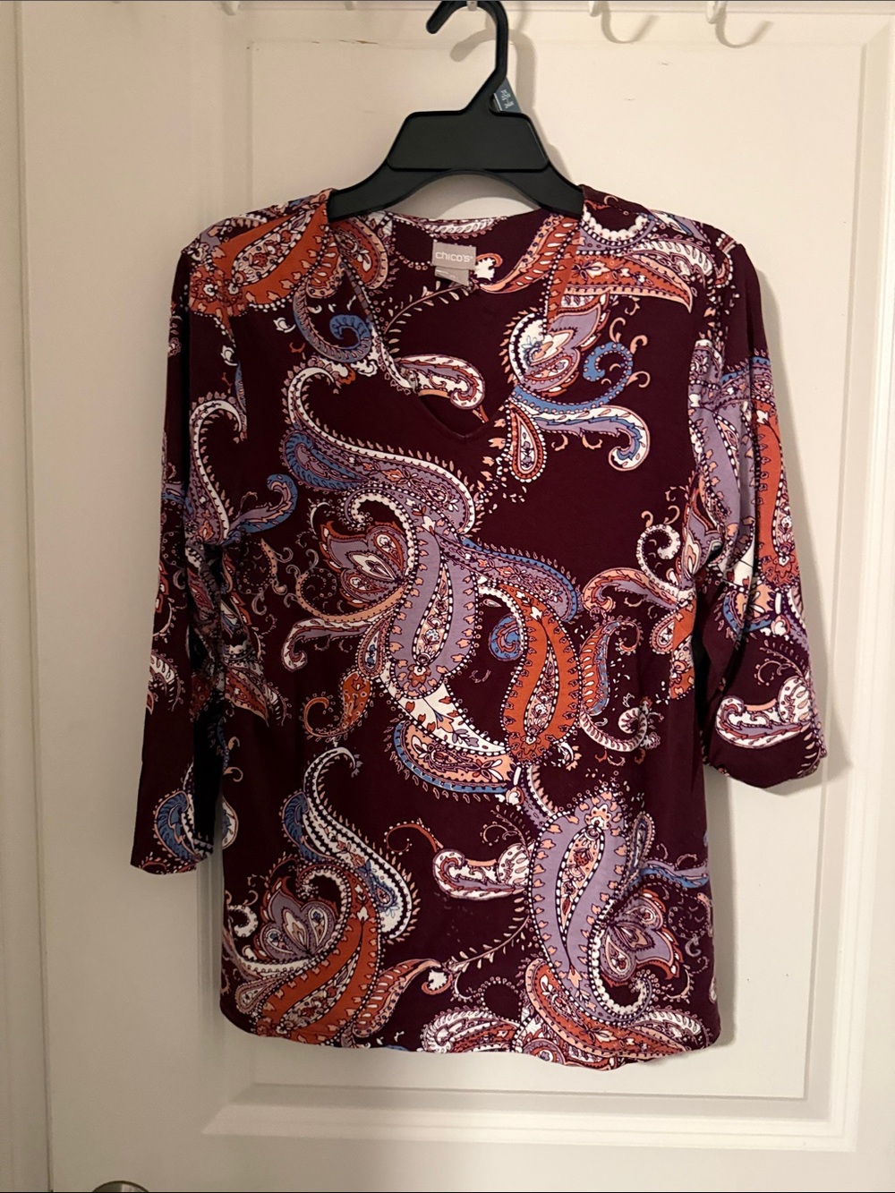 Chico's Burgundy Paisley three quarter Sleeve Stretch Tee